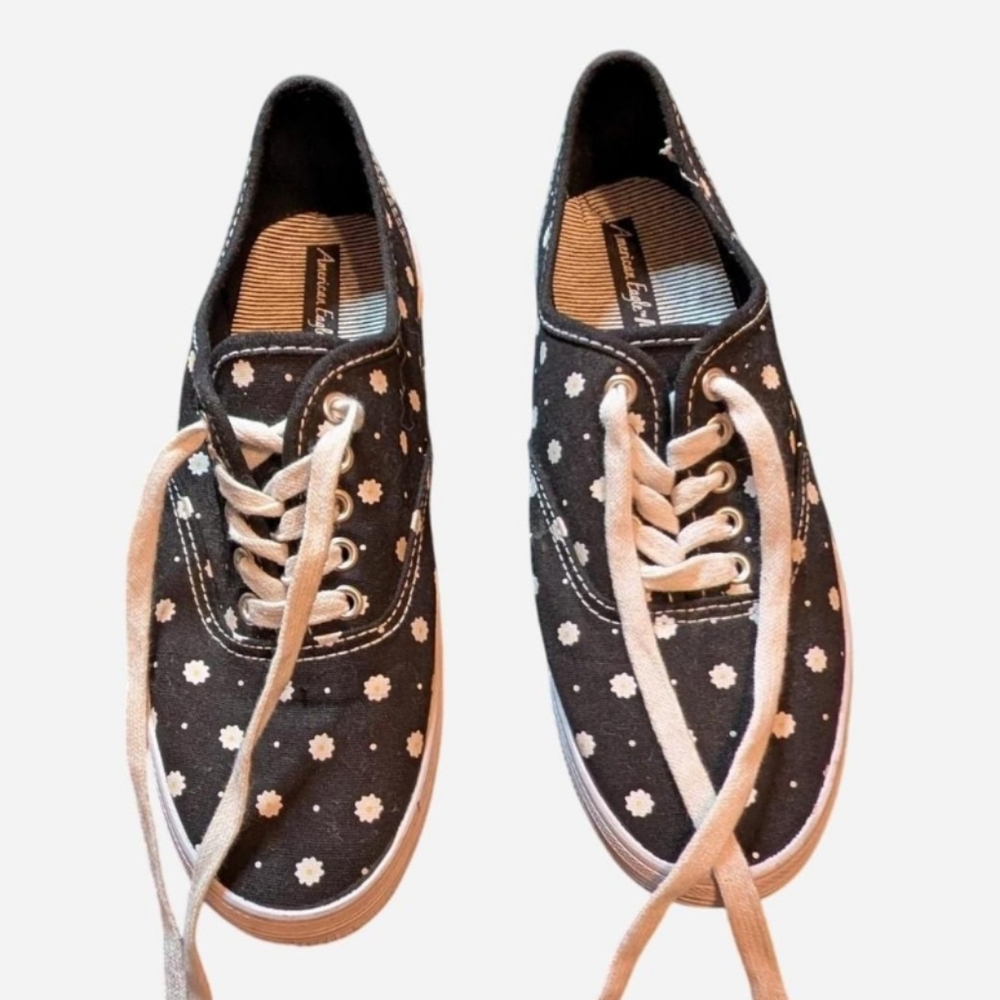 American Eagle Black Canvas Sneakers with White Floral Design
